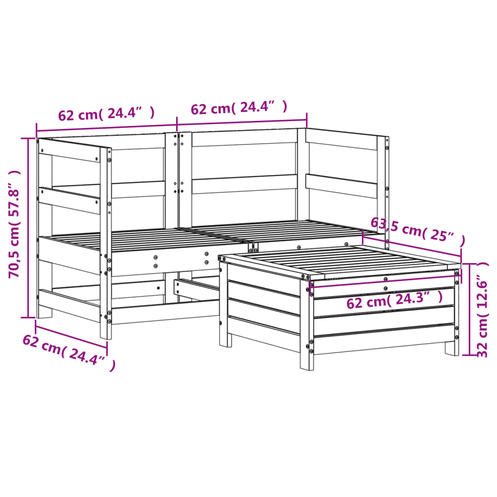 vidaXL 3-delige Loungeset massief grenenhout