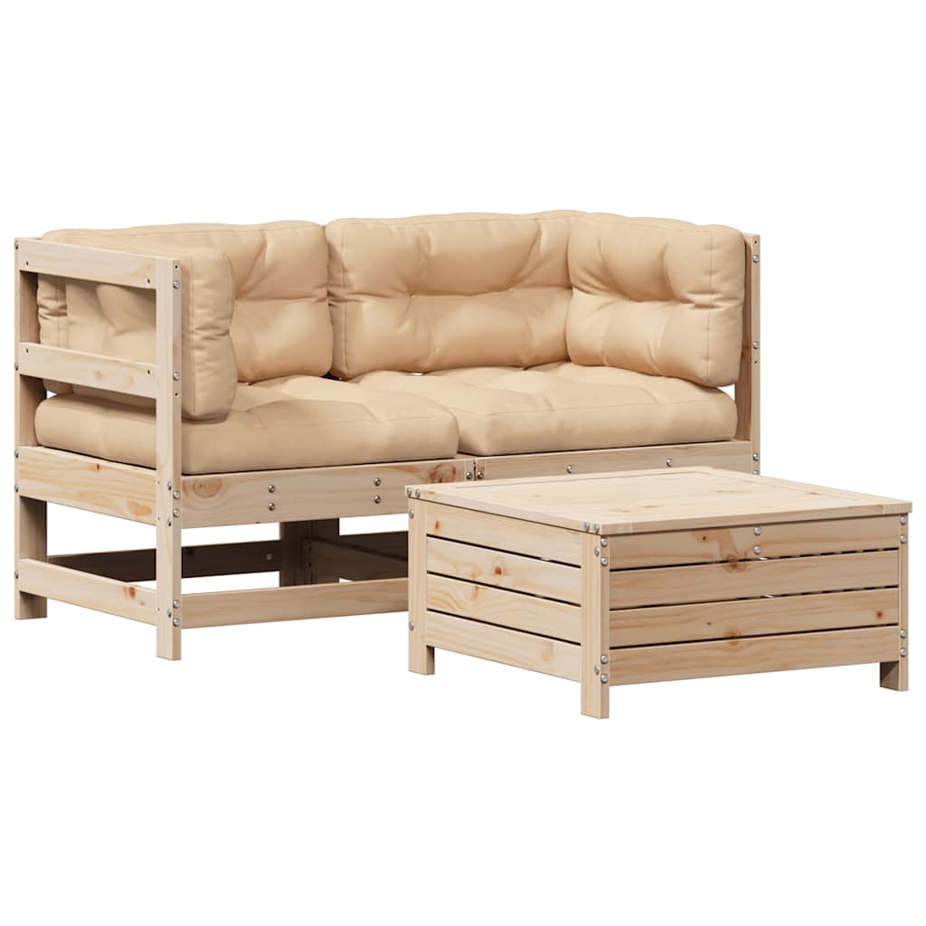 vidaXL 3-delige Loungeset met kussens massief grenenhout