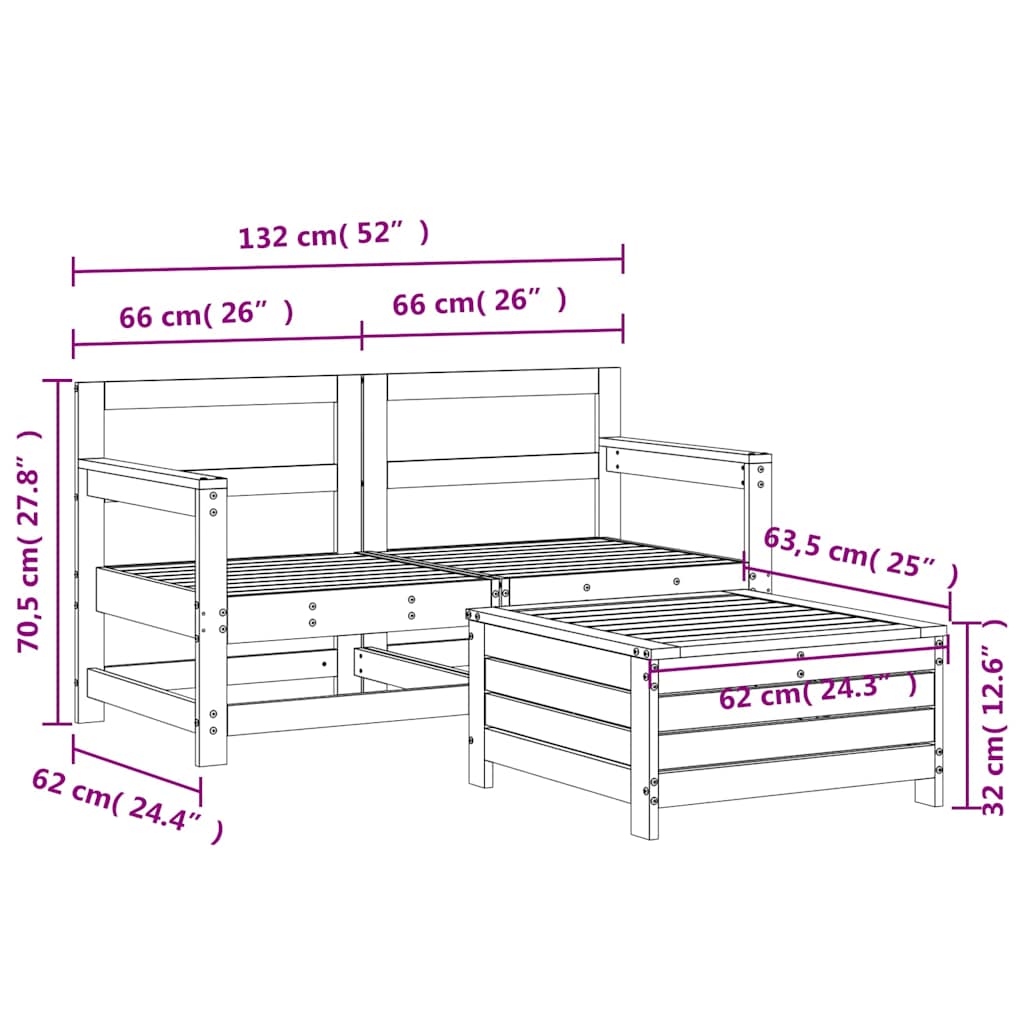 vidaXL 3-delige Loungeset massief grenenhout