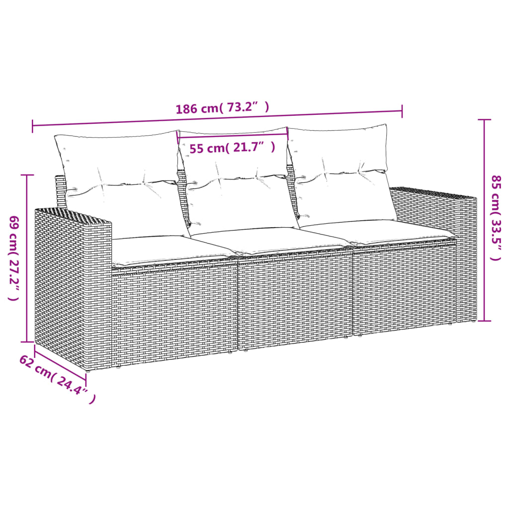 vidaXL 3-delige Loungeset met kussens poly rattan zwart