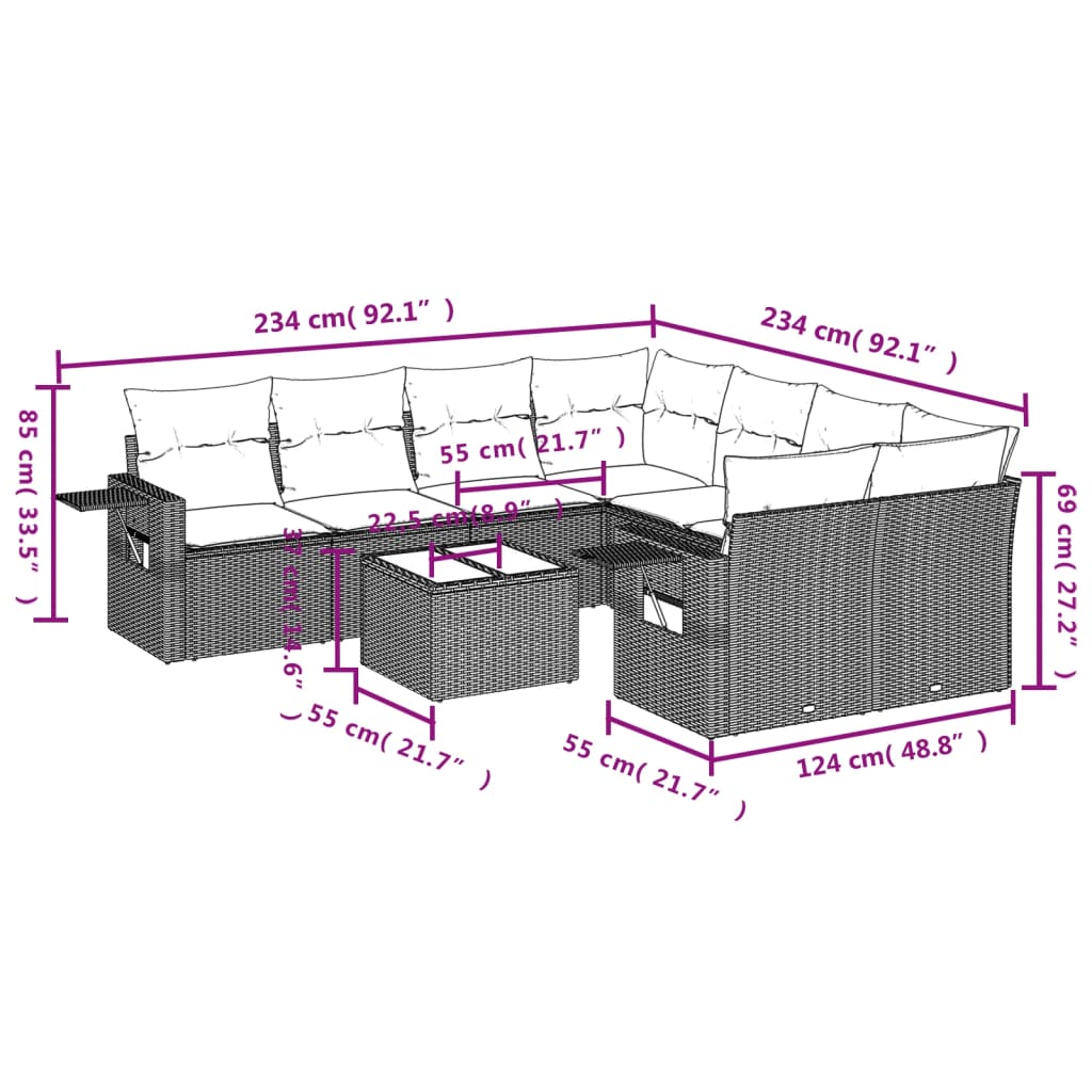 vidaXL 9-delige Loungeset met kussens poly rattan zwart