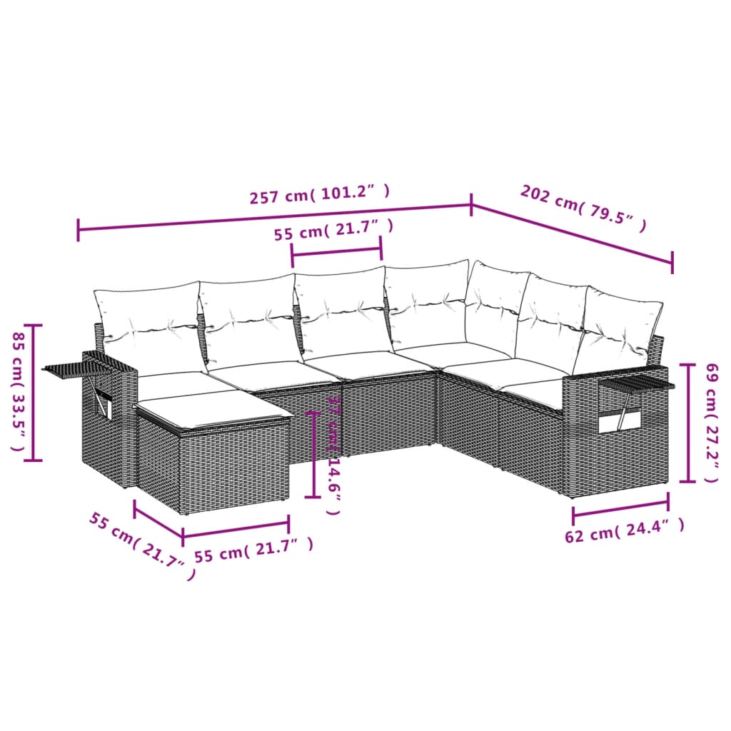 vidaXL 7-delige Loungeset met kussens poly rattan zwart
