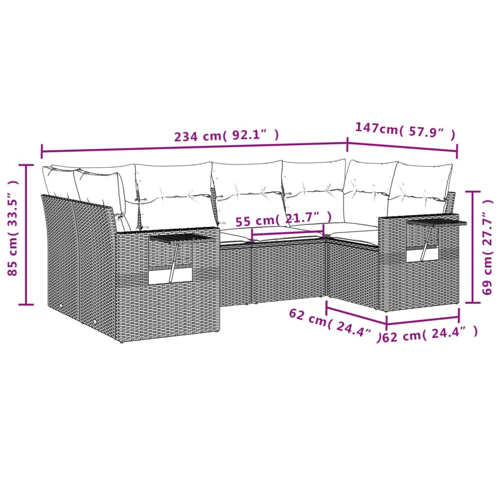 vidaXL 6-delige Loungeset met kussens poly rattan zwart