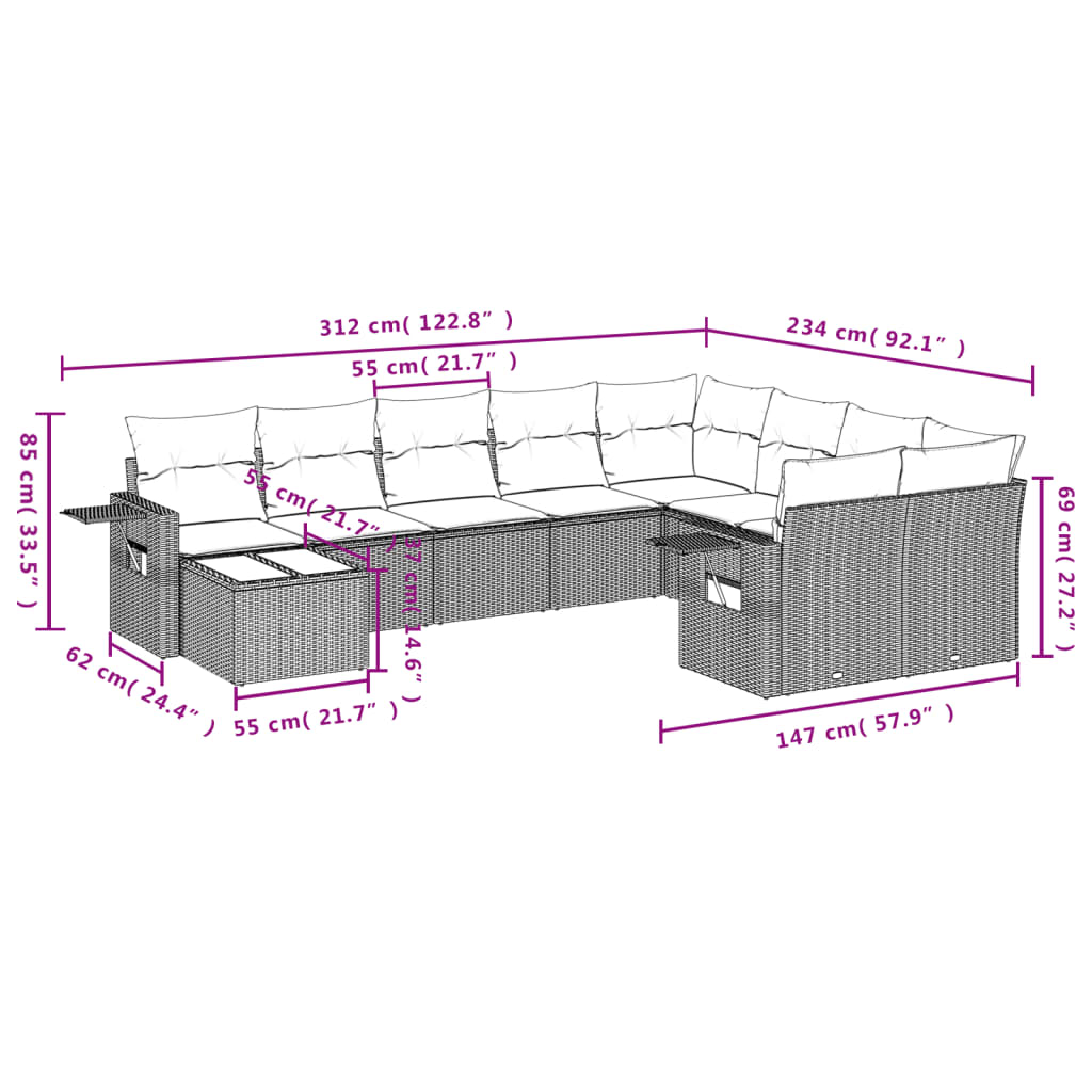vidaXL 10-piece Lounge Set with Cushions Poly Rattan Black