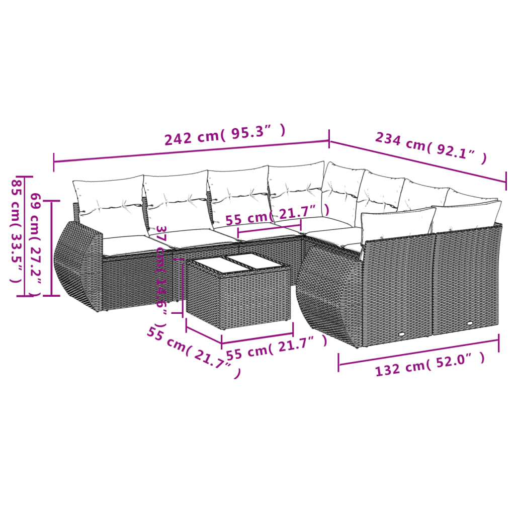 vidaXL 9-delige Loungeset met kussens poly rattan zwart