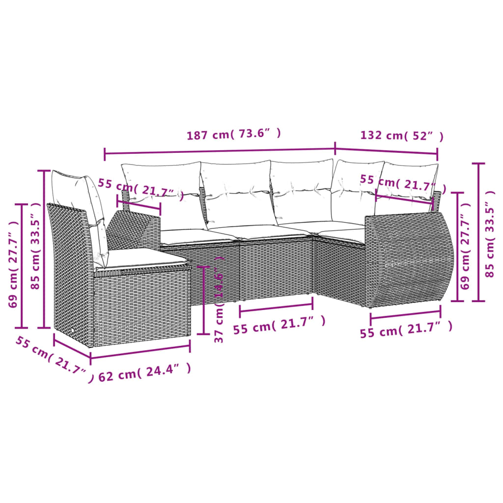 vidaXL 5-delige Loungeset met kussens poly rattan zwart