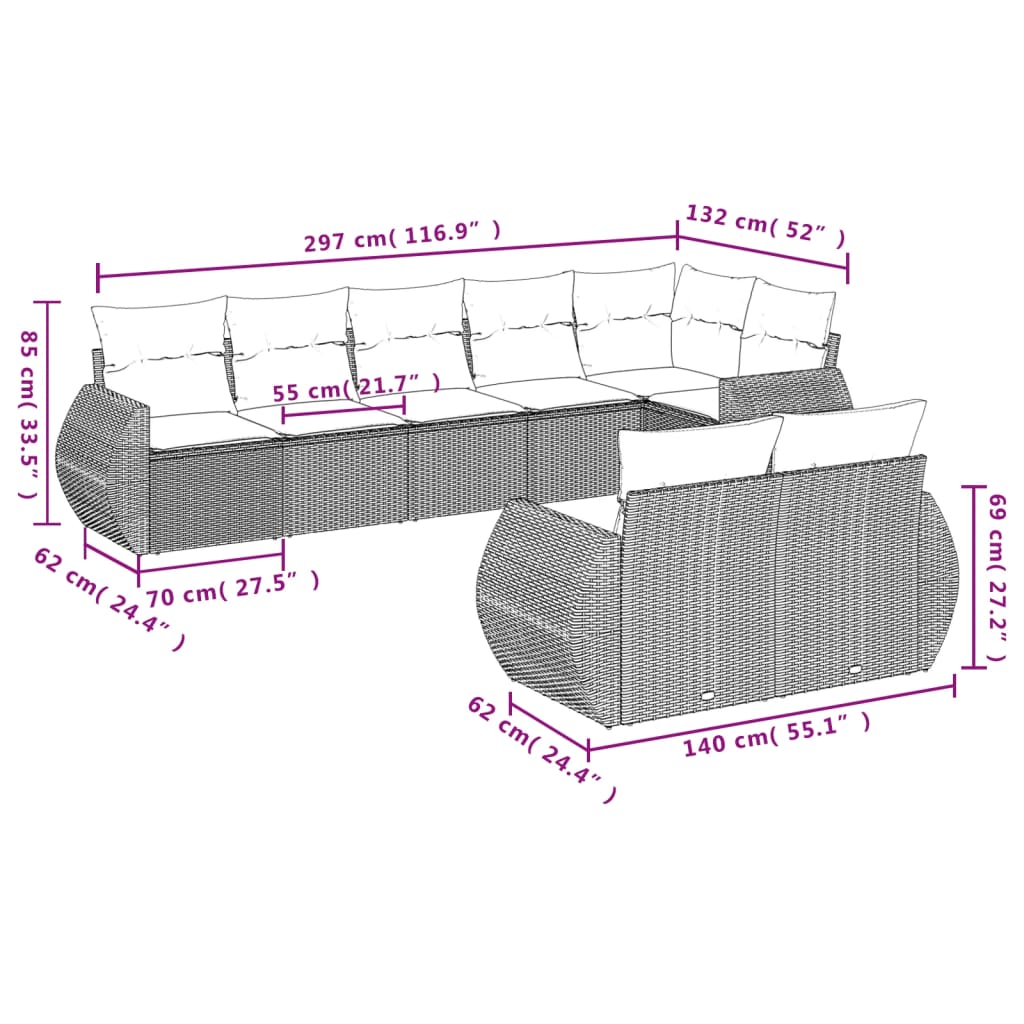 vidaXL 8-delige Loungeset met kussens poly rattan zwart