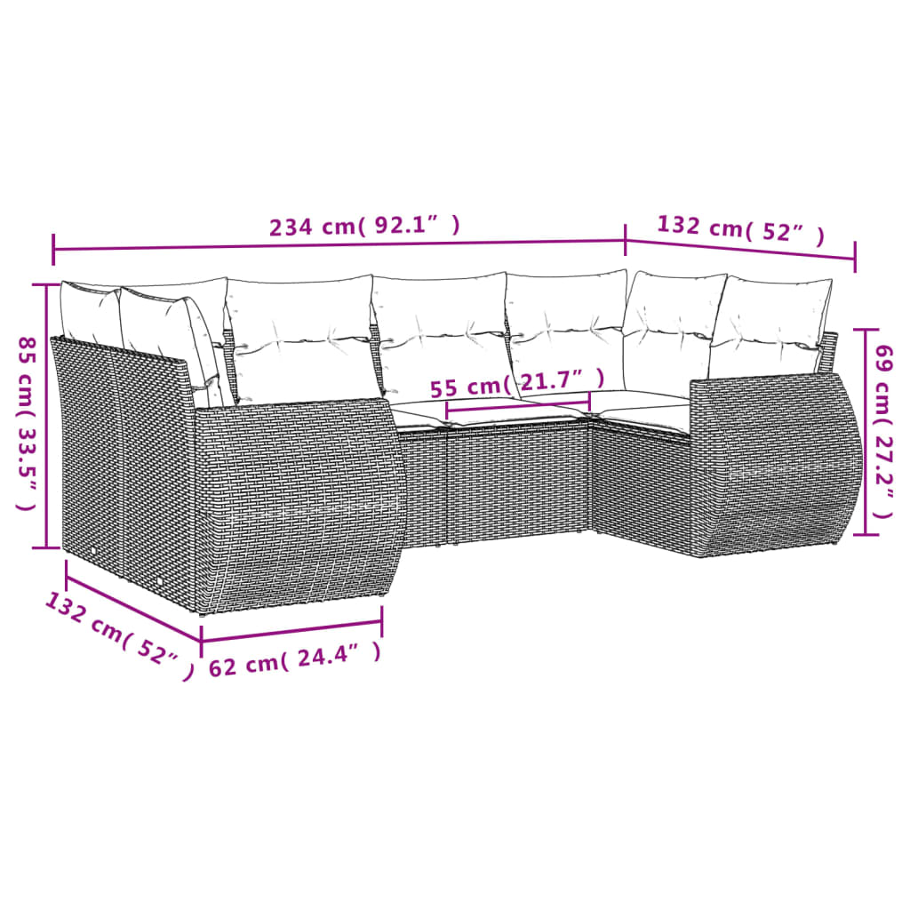 vidaXL 6-delige Loungeset met kussens poly rattan zwart