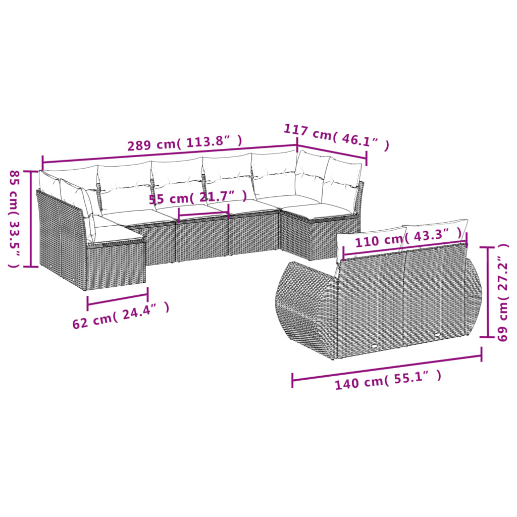 vidaXL 9-delige Loungeset met kussens poly rattan zwart