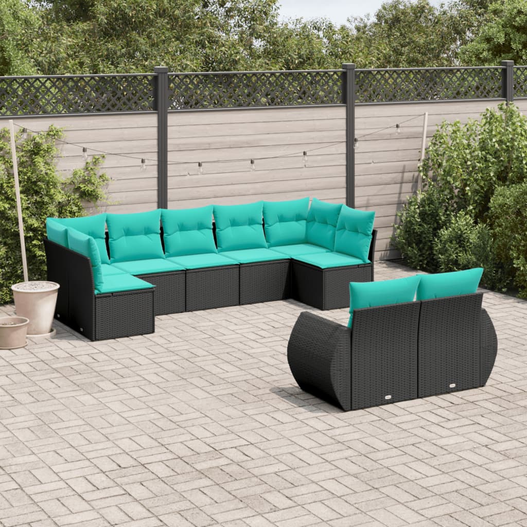 vidaXL 9-delige tuinbankset met kussens van zwart polyrotan