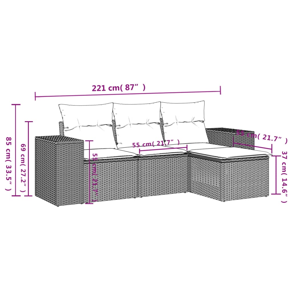 vidaXL 4-delige tuinbankset met kussens, zwart polyrotan