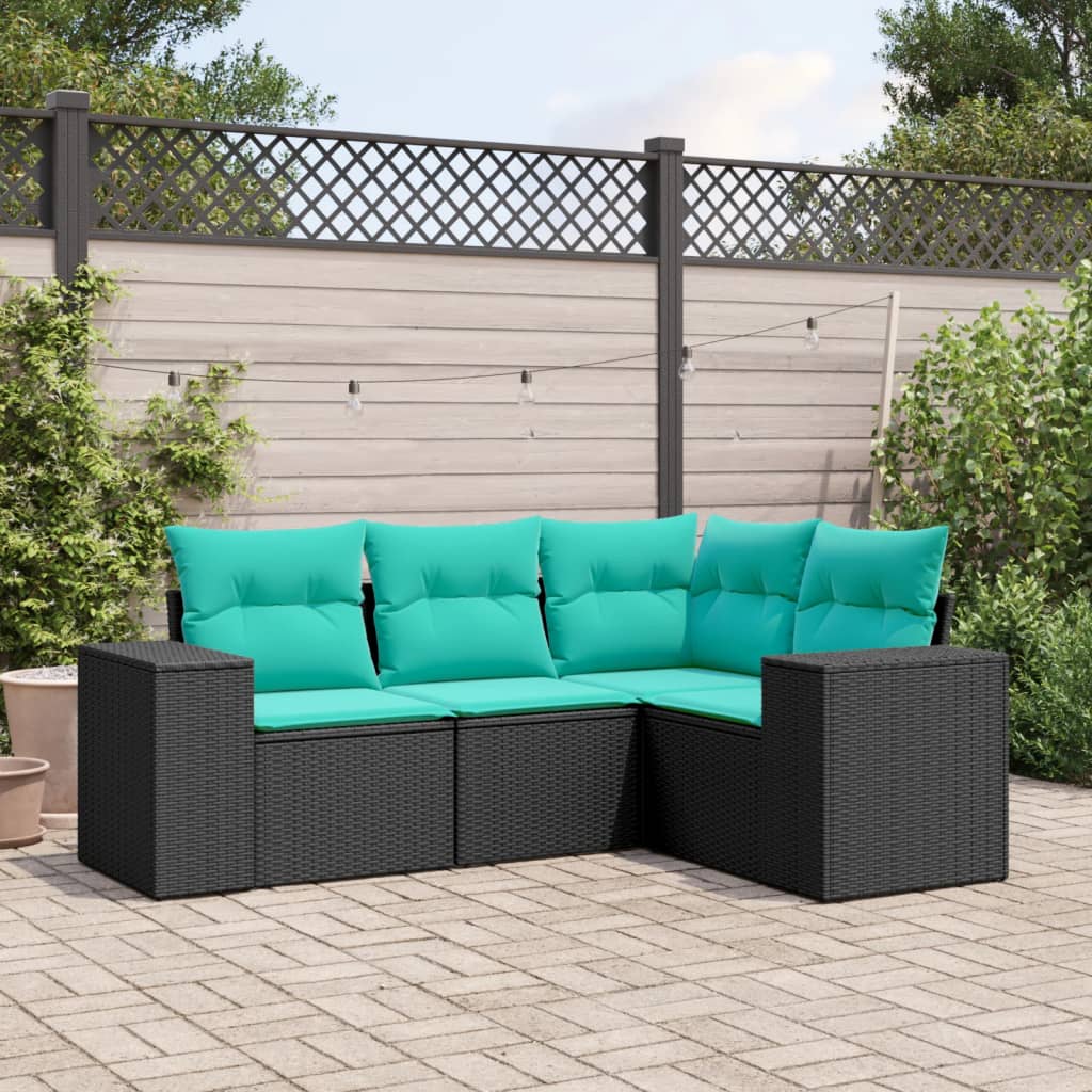 vidaXL 4-delige tuinbankset met kussens, zwart polyrotan