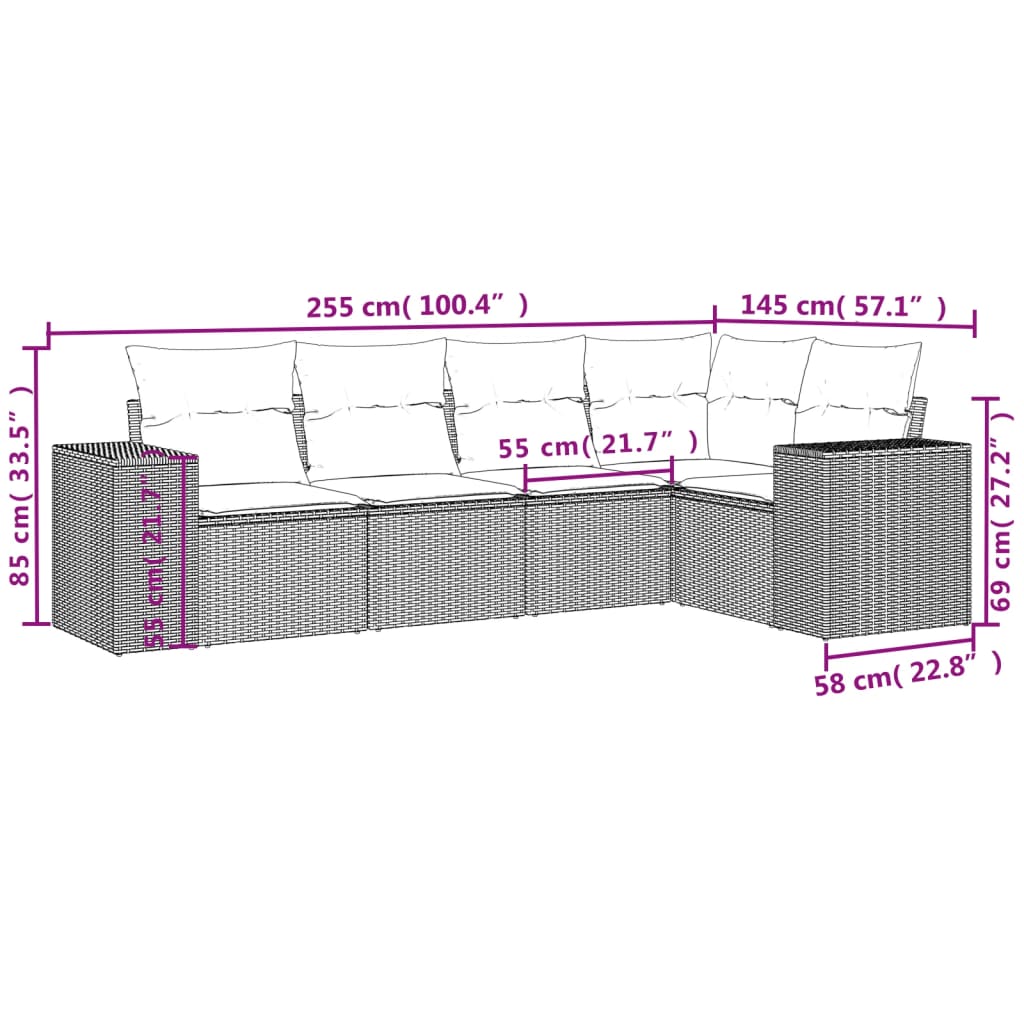 vidaXL 5-delige Loungeset met kussens poly rattan zwart