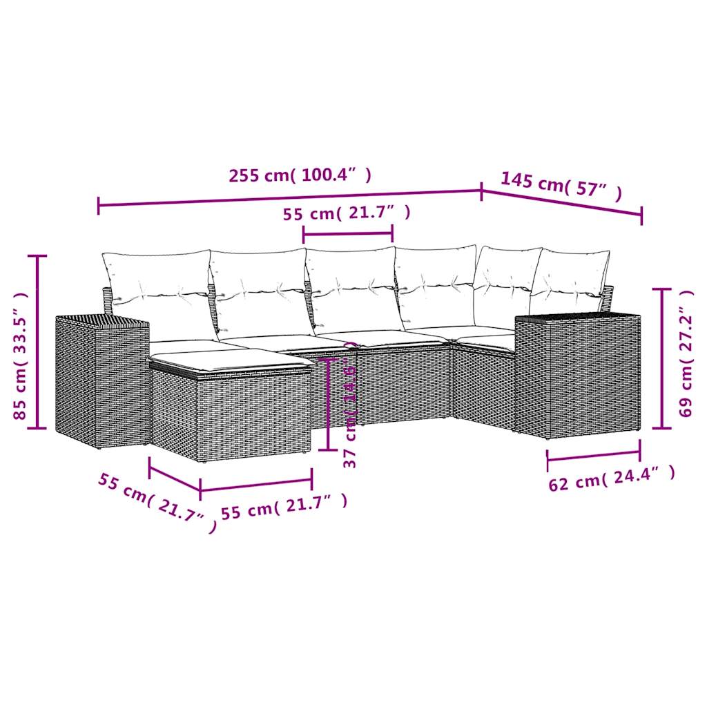 vidaXL ensemble de 6 bancs de jardin avec coussins en polyrotan noir