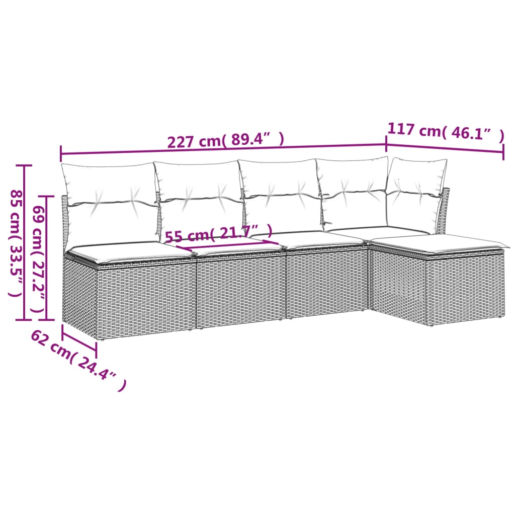 vidaXL 5-delige Loungeset met kussens poly rattan zwart