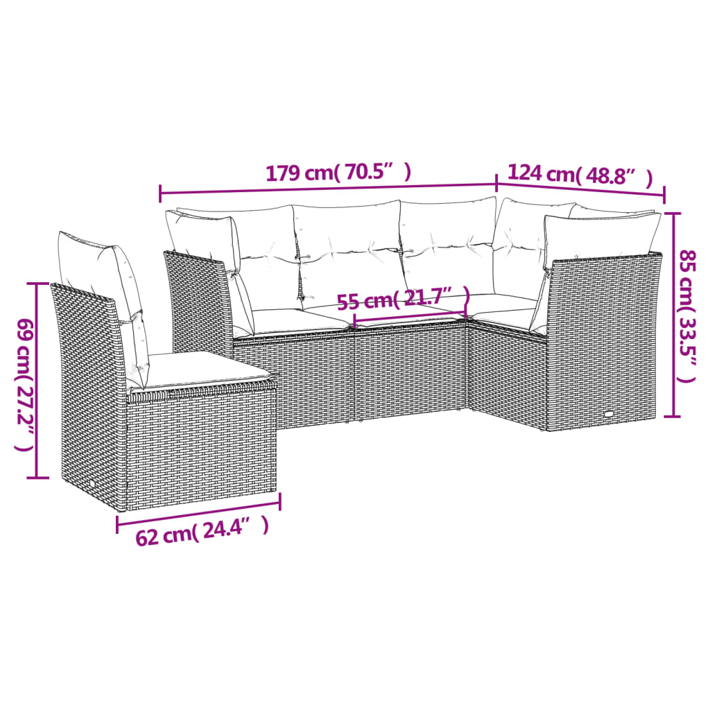 vidaXL 5-delige Loungeset met kussens poly rattan zwart