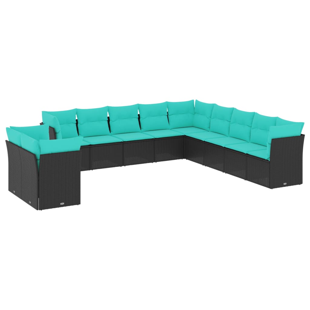 vidaXL 11-delige tuinbankset met kussens, zwart polyrotan