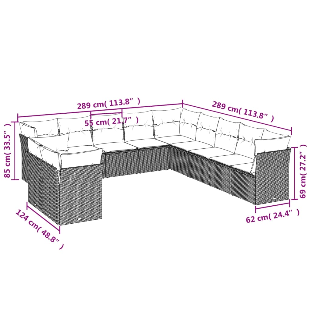 vidaXL 11-delige tuinbankset met kussens, zwart polyrotan
