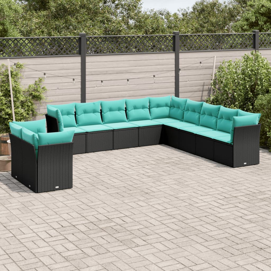 vidaXL 11-delige tuinbankset met kussens, zwart polyrotan