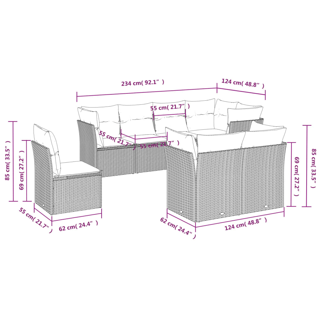 vidaXL 8-delige Loungeset met kussens poly rattan zwart