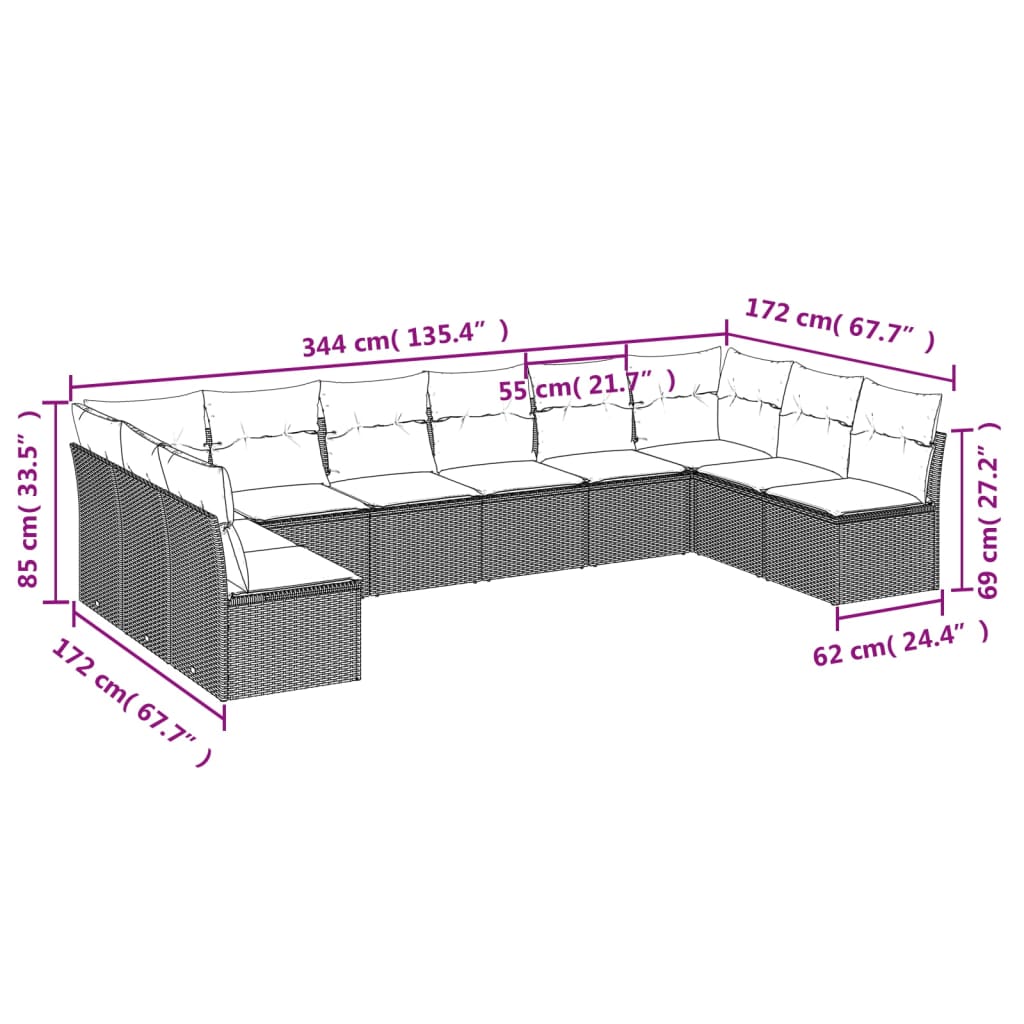vidaXL 10-delige Loungeset met kussens poly rattan zwart