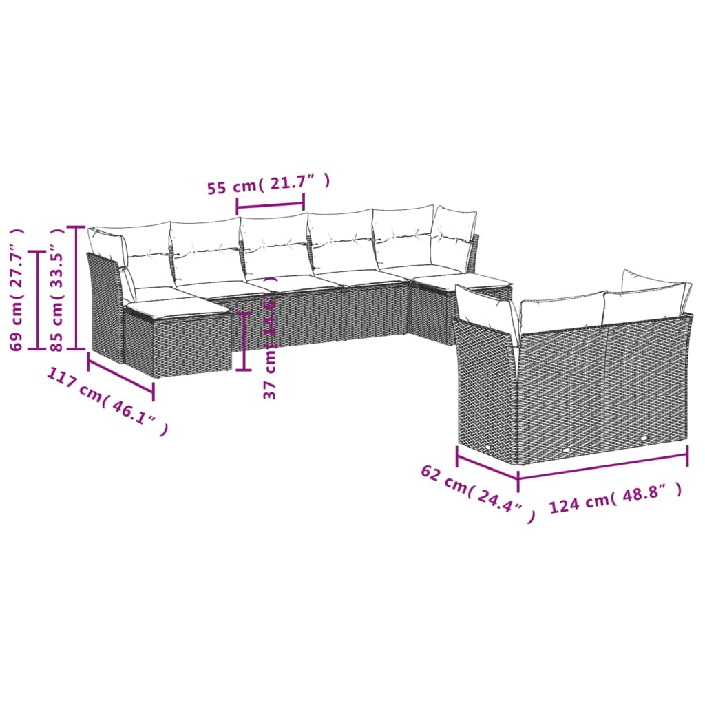 vidaXL 9-delige Loungeset met kussens poly rattan zwart