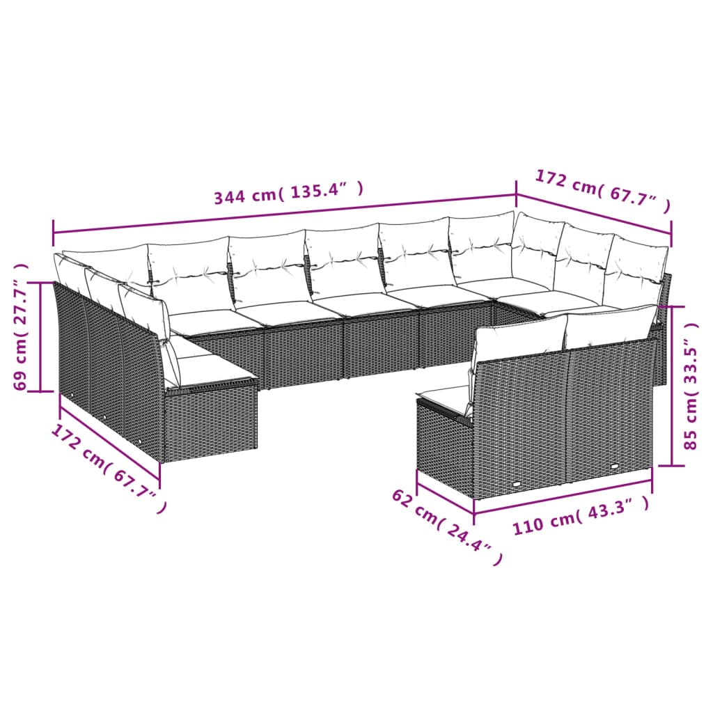 vidaXL 12-Piece Lounge Set with Cushions Poly Rattan Black