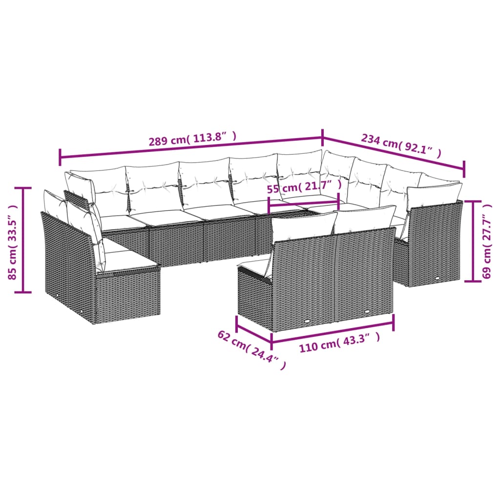 vidaXL 12-Piece Garden Sofa Set with Cushions Black Poly Rattan