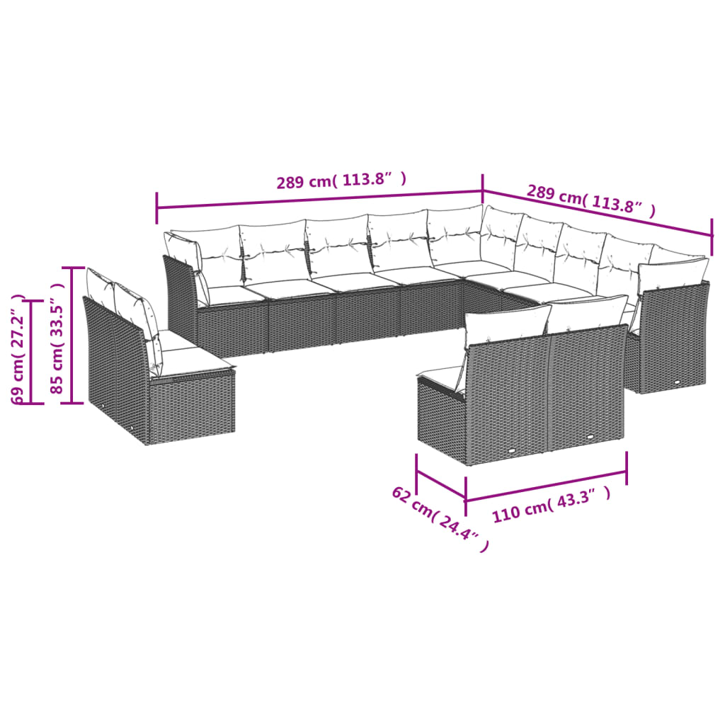 vidaXL 13-delige Loungeset met kussens poly rattan zwart