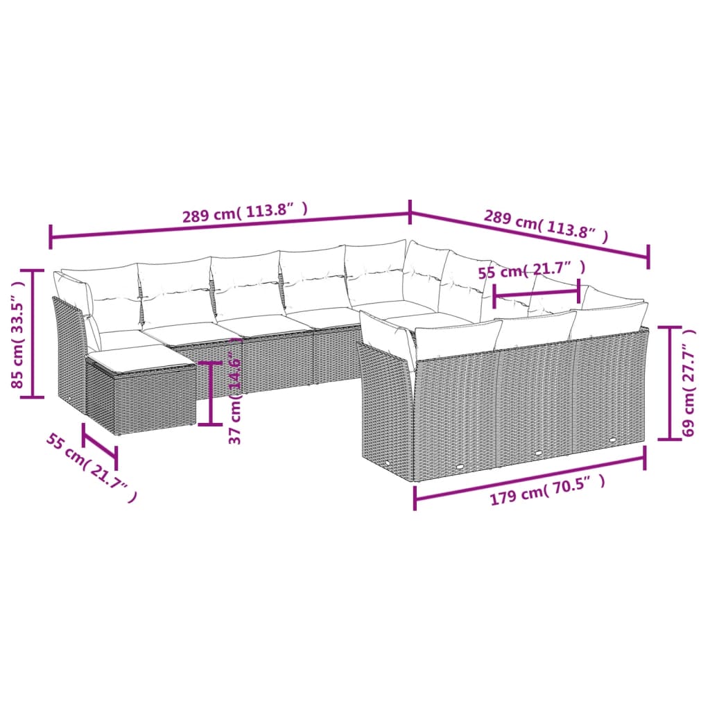 vidaXL 12-delige Loungeset met kussens poly rattan zwart