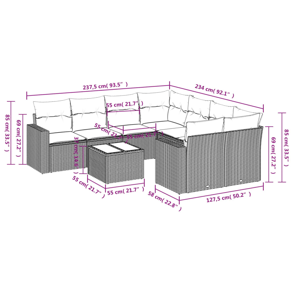vidaXL 9-delige Loungeset met kussens poly rattan zwart