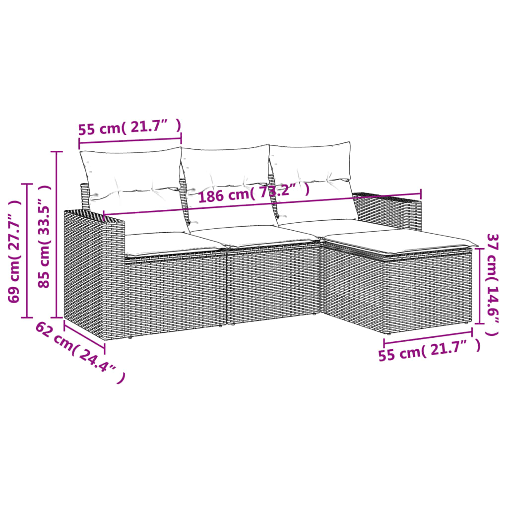 vidaXL 4-delige Loungeset met kussens poly rattan zwart