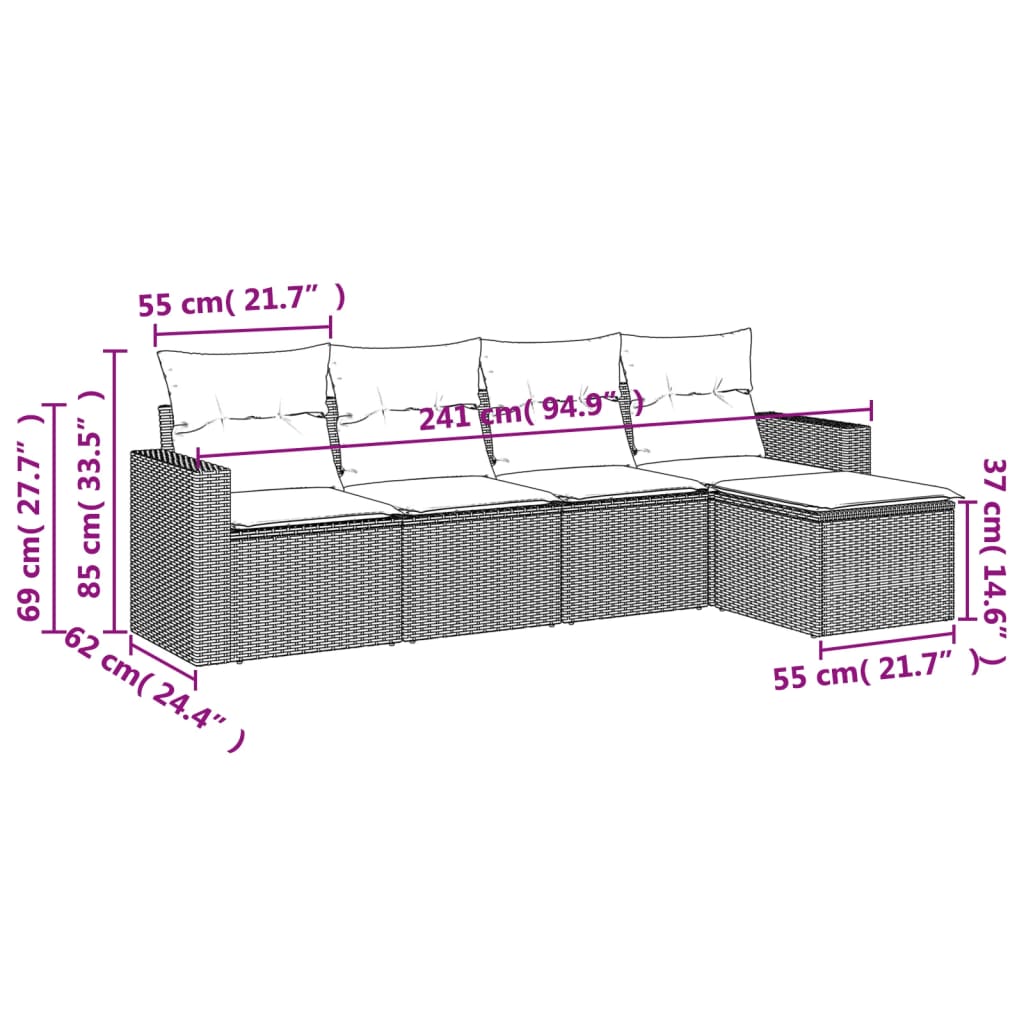 vidaXL 5-delige Loungeset met kussens poly rattan zwart
