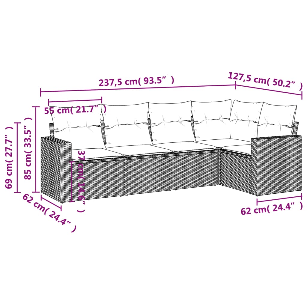vidaXL 5-delige Loungeset met kussens poly rattan zwart
