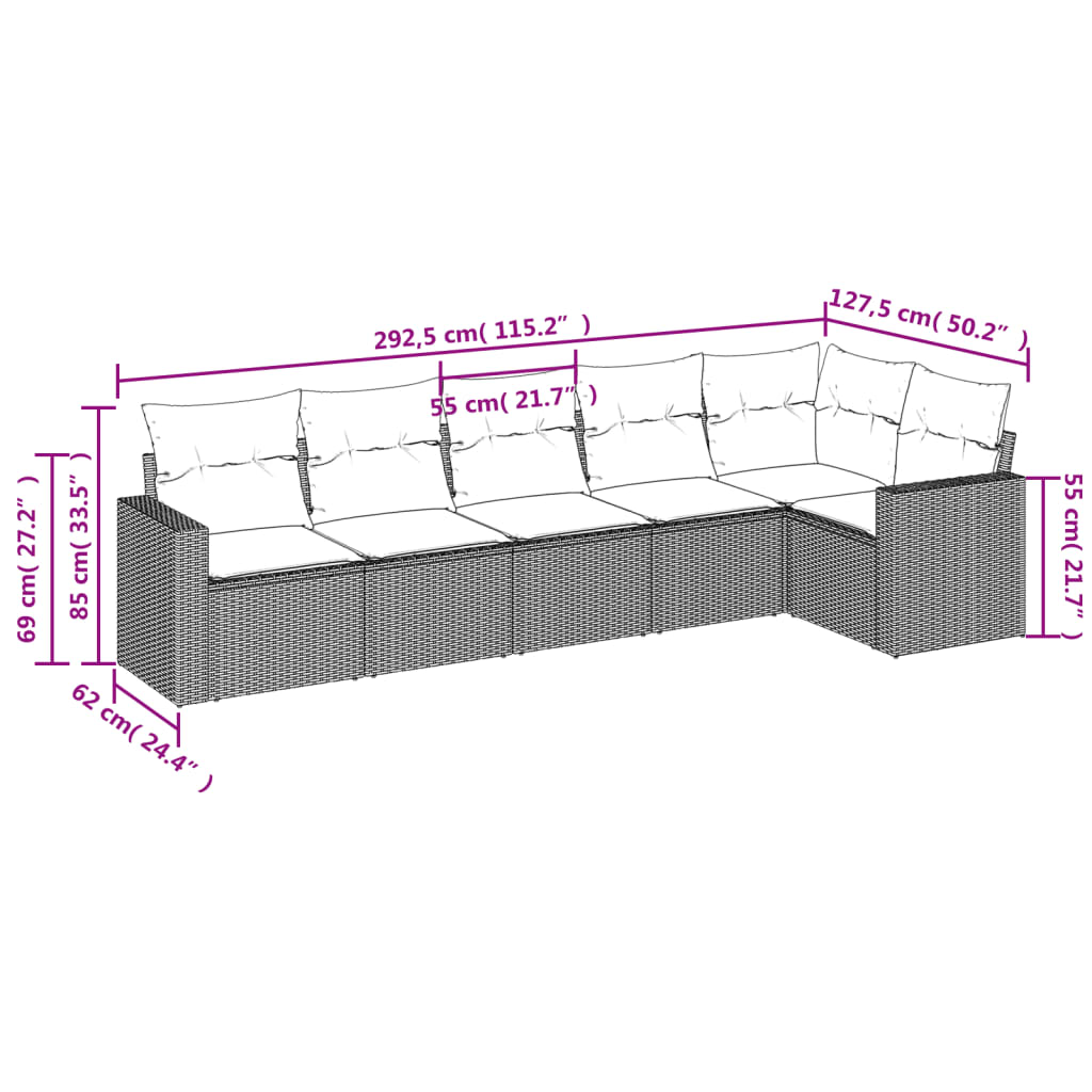 vidaXL 6-delige Loungeset met kussens poly rattan zwart