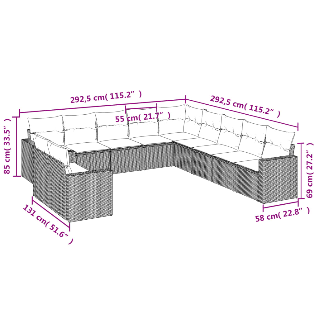 vidaXL 11-delige Loungeset met kussens poly rattan zwart