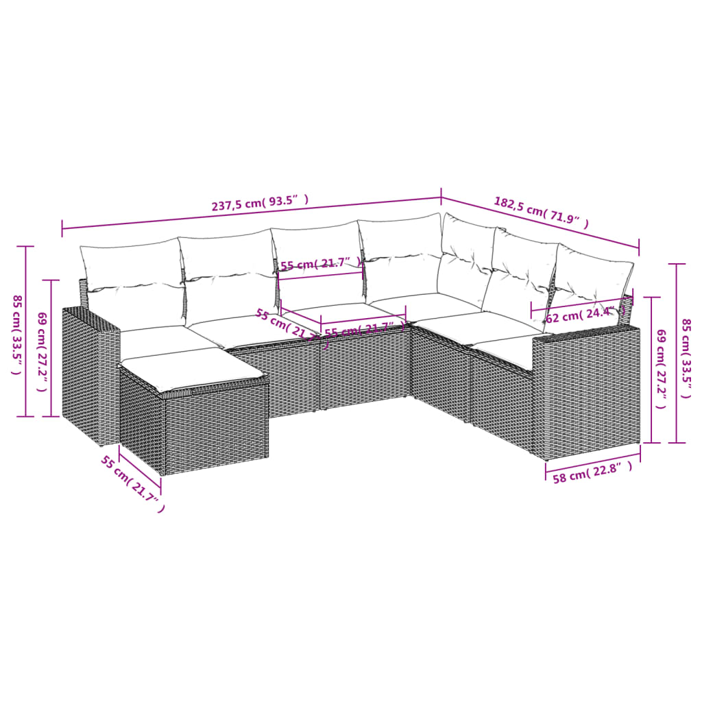 vidaXL 7-Piece Lounge Set with Cushions Poly Rattan Black