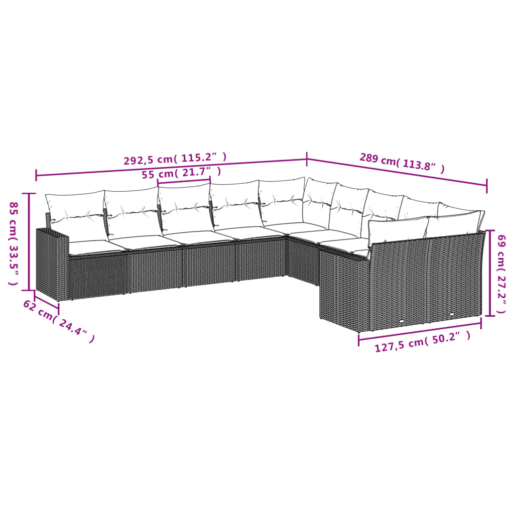 vidaXL 10-delige Loungeset met kussens poly rattan zwart