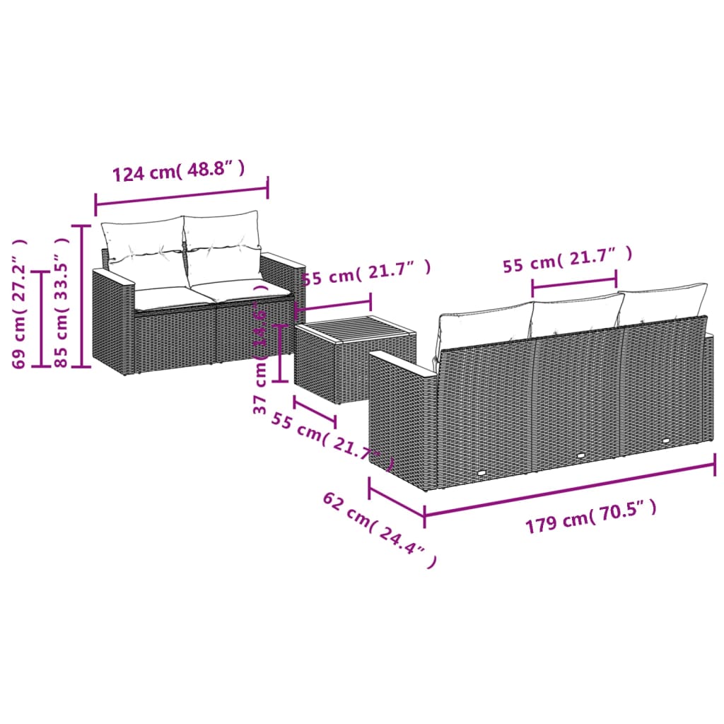 vidaXL 6-delige Loungeset met kussens poly rattan zwart