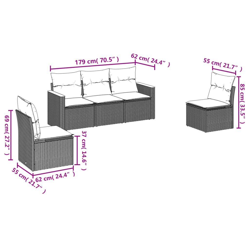 vidaXL 5-delige Loungeset met kussens poly rattan zwart
