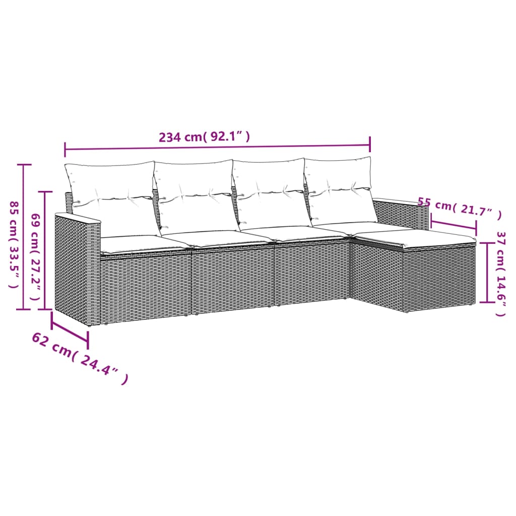 vidaXL 5-delige tuinbankset met kussens van zwart polyrotan