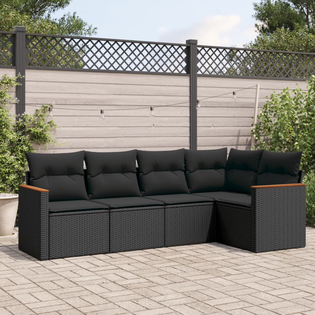 vidaXL 5-delige Loungeset met kussens poly rattan zwart