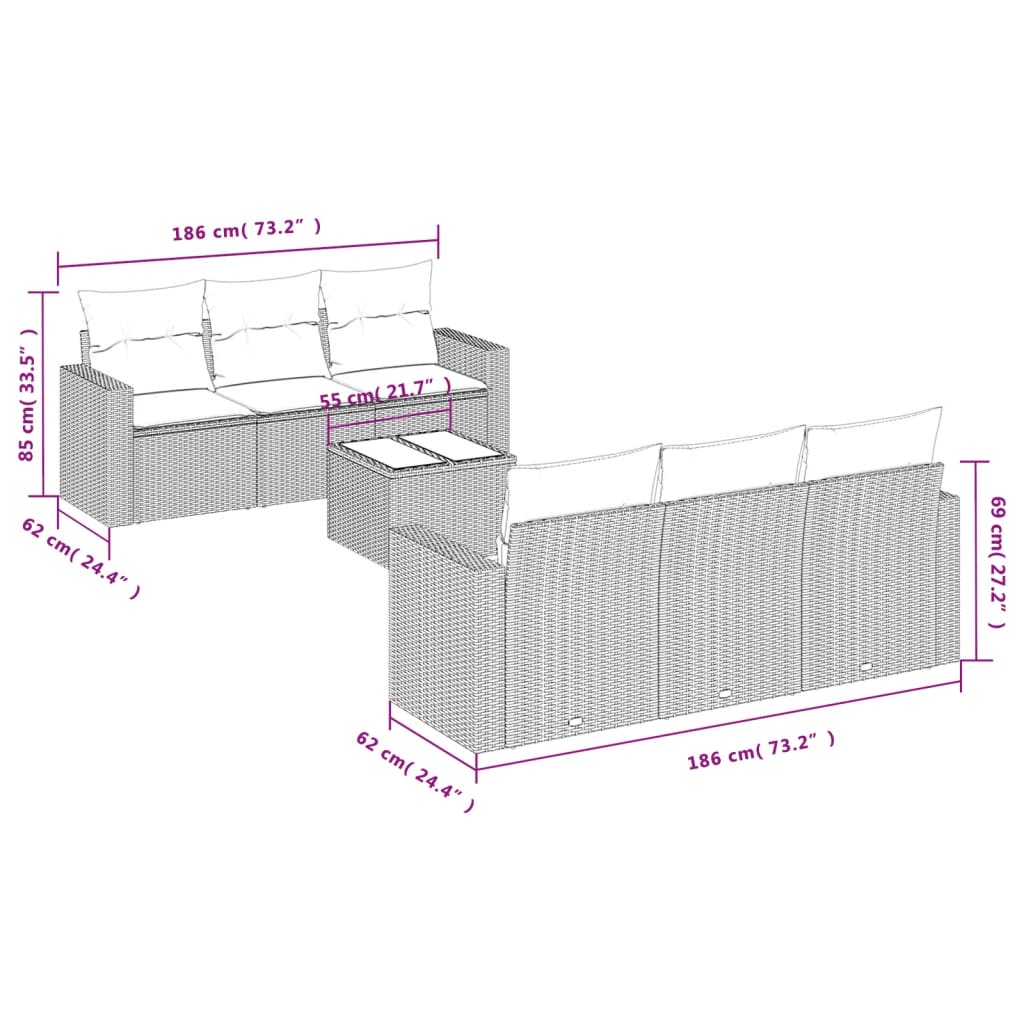 vidaXL 7-delige Loungeset met kussens poly rattan zwart