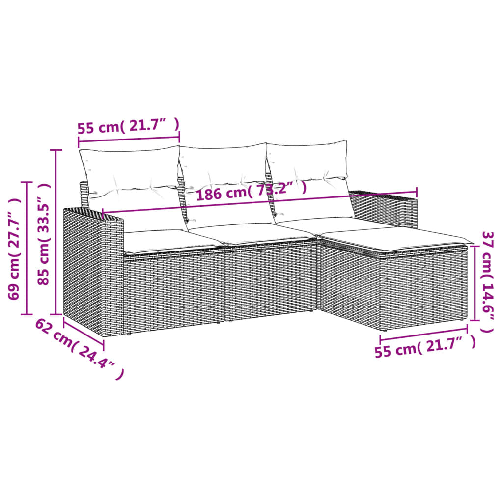 vidaXL 4-delige Loungeset met kussens poly rattan zwart