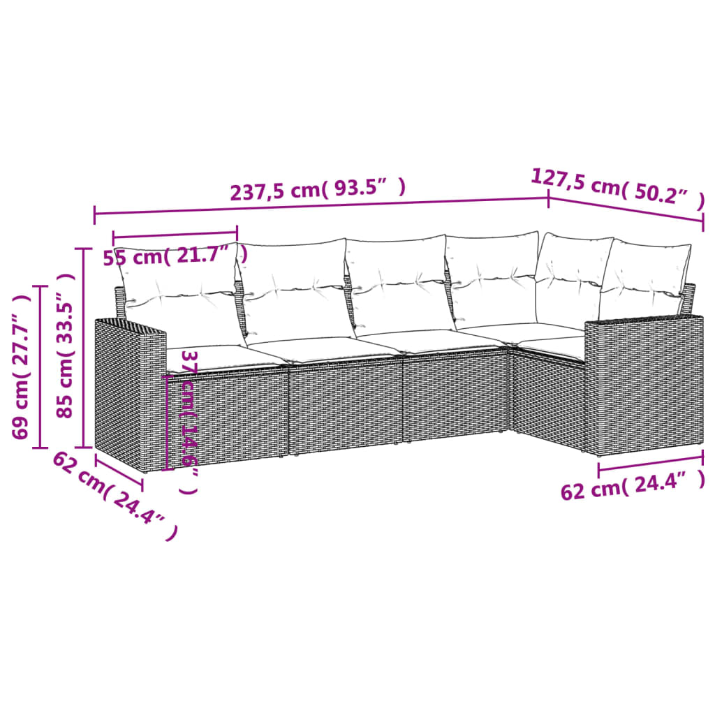 vidaXL 5-delige Loungeset met kussens poly rattan zwart