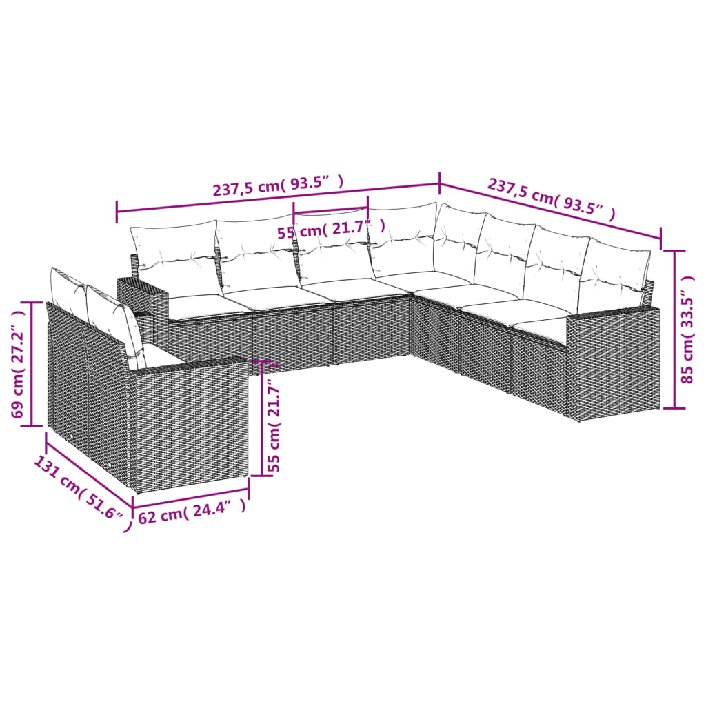 vidaXL 9-delige Loungeset met kussens poly rattan zwart