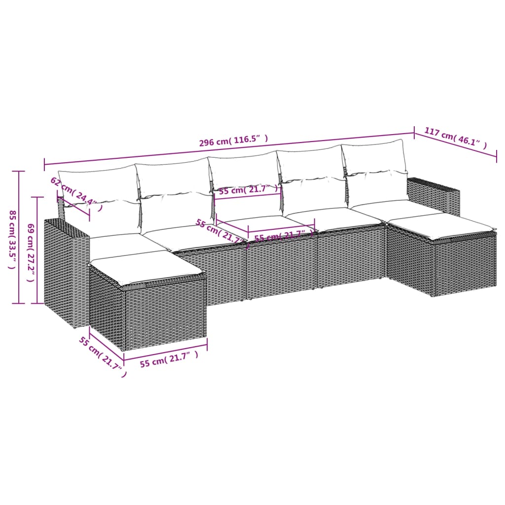 vidaXL 7-delige Loungeset met kussens poly rattan zwart