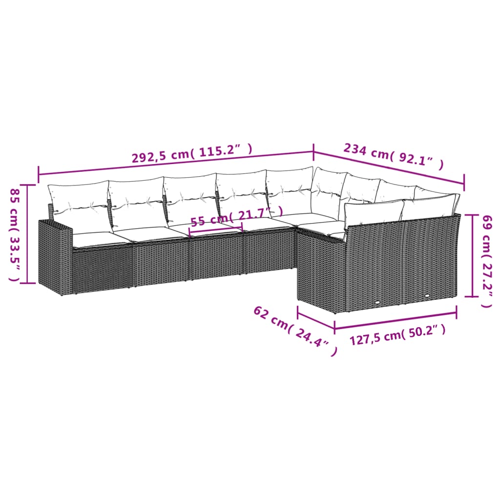 vidaXL 9-delige Loungeset met kussens poly rattan zwart