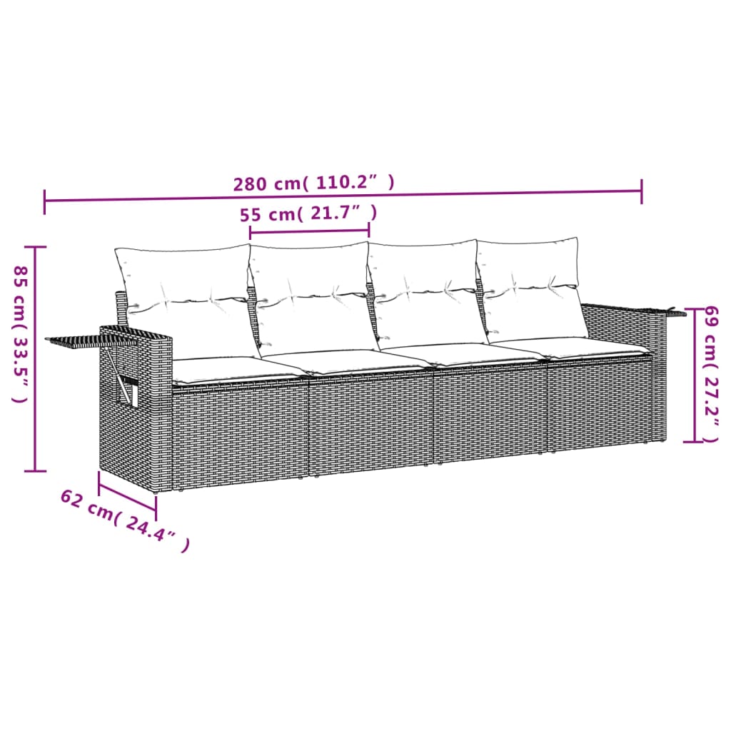 vidaXL 4-Piece Poly Rattan Lounge Set with Cushions Black