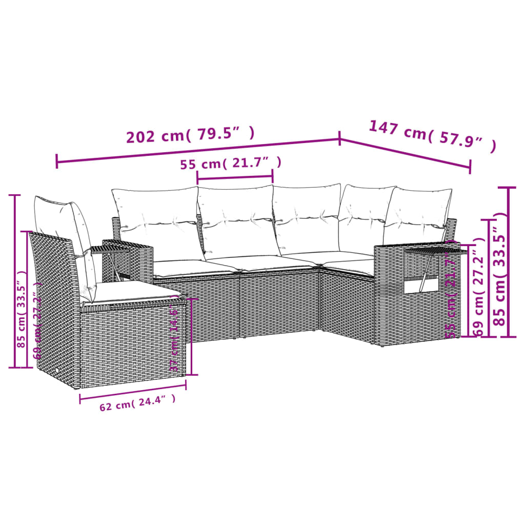 vidaXL 5-piece Lounge Set with Cushions Poly Rattan Black